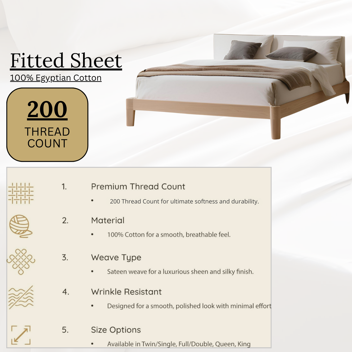 100% Egyptian Cotton Fitted Sheet 25cm Extra Deep Mattress Pocket 200 Thread Count Ultra-Soft, Breathable & Wrinkle-Free Hotel-Quality Bottom Fitted Sheet for Single, Double & King Size Bed, Color White