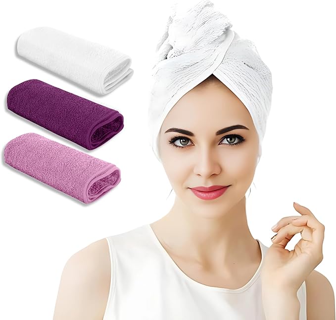 Hair Towel Wrap 100% Pure Terry Towel Cotton 25x65cm Soft Hair Drying Towels with Loop & Button Hair Twist Turban for Women Wet Hair, Curly, Longer, Thicker Hair, Color White