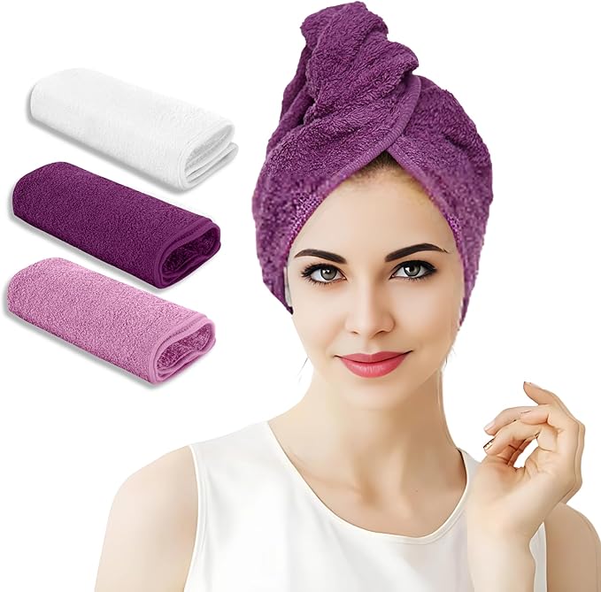 Hair Towel Wrap 3 Pack 100% Pure Terry Towel Cotton 25x65cm Soft Hair Drying Towels with Loop & Button Hair Twist Turban for Women Wet Hair, Curly, Longer, Thicker Hair, Color Purple