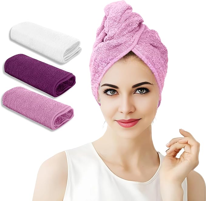 Hair Towel Wrap 3 Pack 100% Pure Terry Towel Cotton 25x65cm Soft Hair Drying Towels with Loop & Button Hair Twist Turban for Women Wet Hair, Curly, Longer, Thicker Hair, Color Pink
