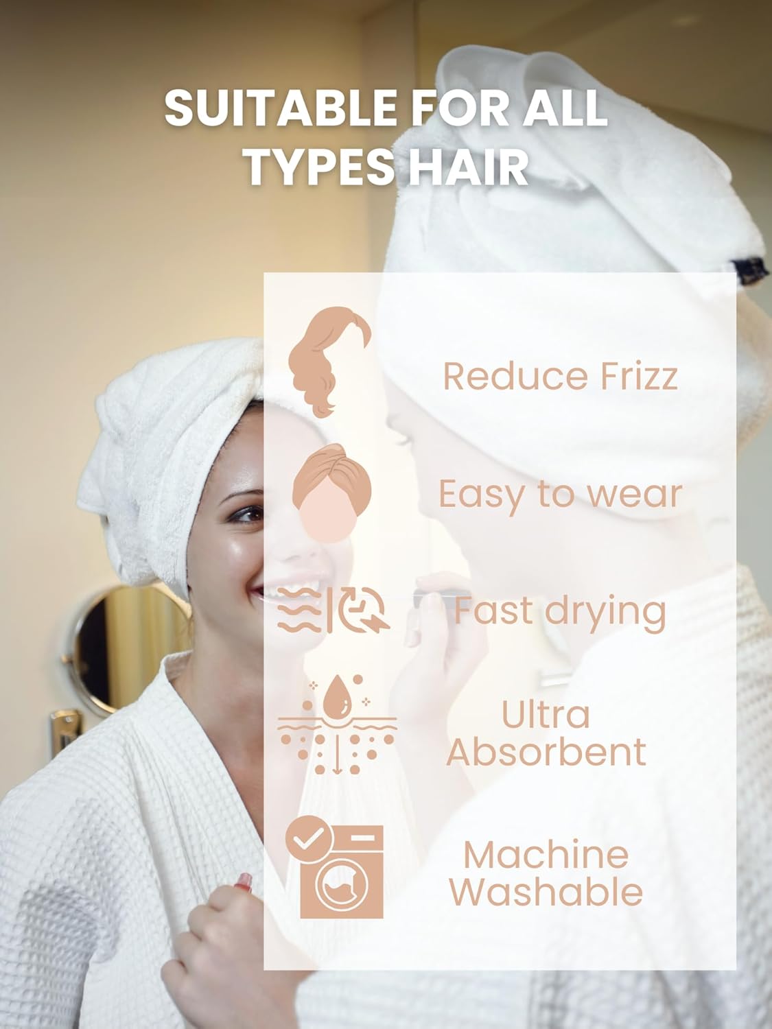 Hair Towel Wrap 100% Pure Terry Towel Cotton 25x65cm Soft Hair Drying Towels with Loop & Button Hair Twist Turban for Women Wet Hair, Curly, Longer, Thicker Hair, Color White