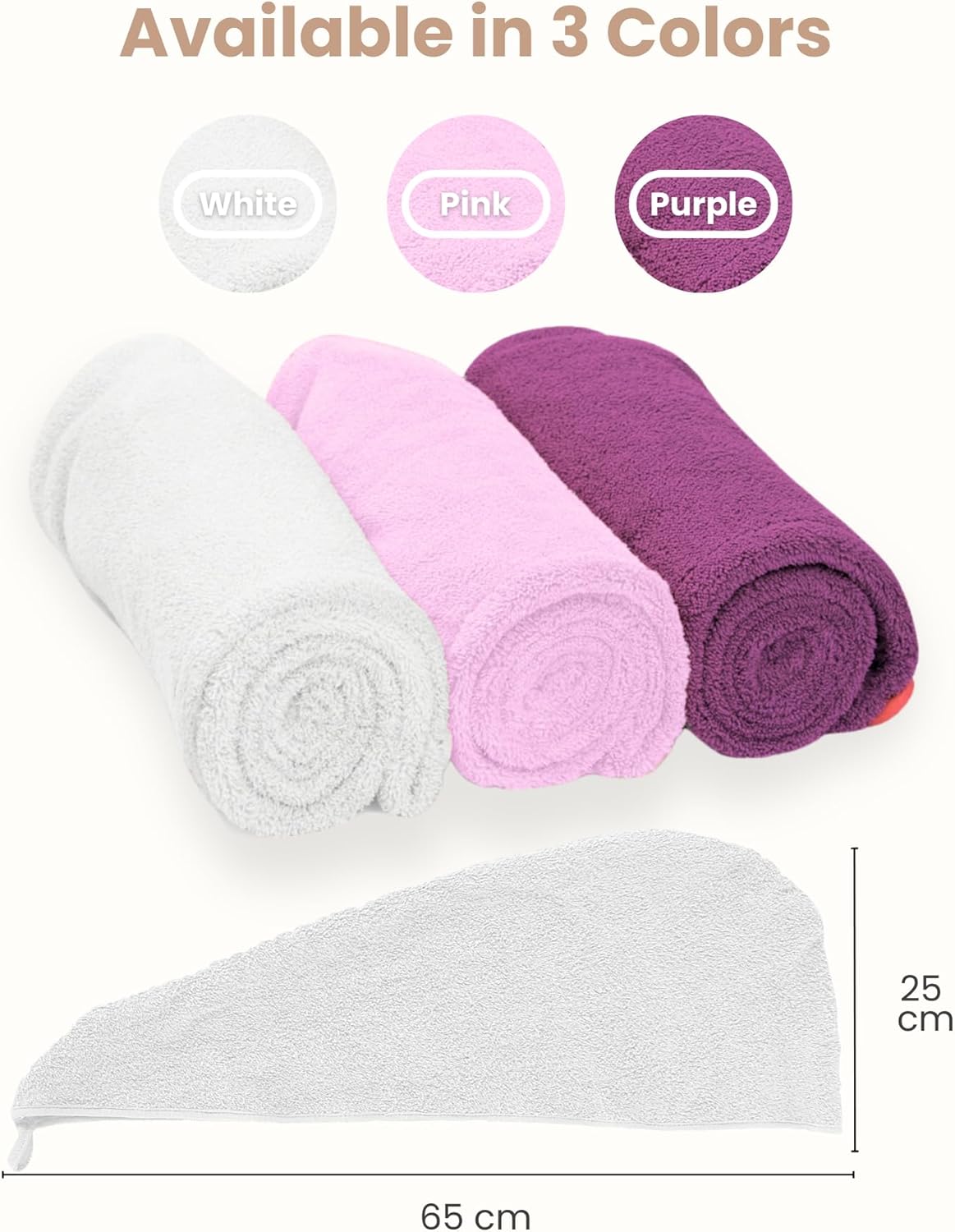 Hair Towel Wrap 3 Pack 100% Pure Terry Towel Cotton 25x65cm Soft Hair Drying Towels with Loop & Button Hair Twist Turban for Women Wet Hair, Curly, Longer, Thicker Hair, Color Pink