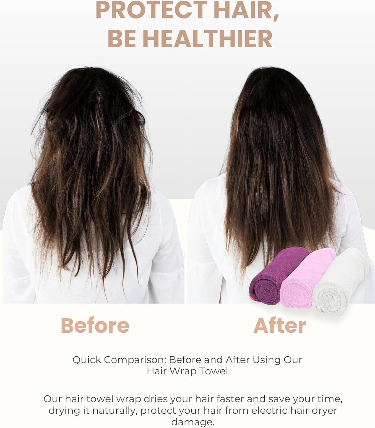 Hair Towel Wrap 100% Pure Terry Towel Cotton 25x65cm Soft Hair Drying Towels with Loop & Button Hair Twist Turban for Women Wet Hair, Curly, Longer, Thicker Hair, Color White