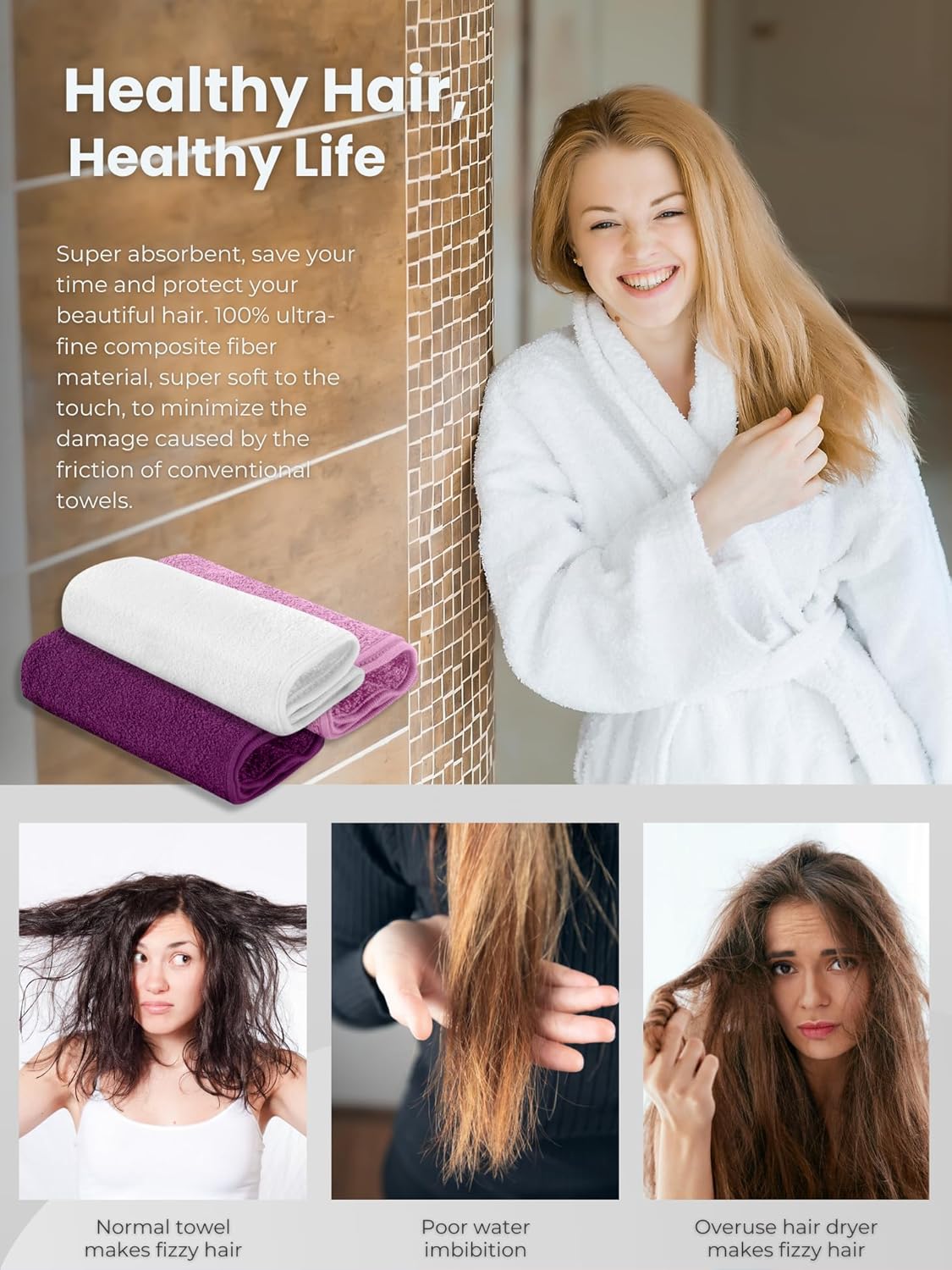 Hair Towel Wrap 100% Pure Terry Towel Cotton 25x65cm Soft Hair Drying Towels with Loop & Button Hair Twist Turban for Women Wet Hair, Curly, Longer, Thicker Hair, Color Pink